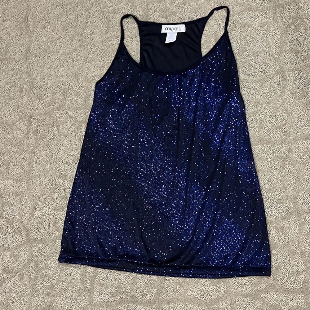 Mi Parti Women’s Medium Blue Shiny Spaghetti Strap Party Shirt